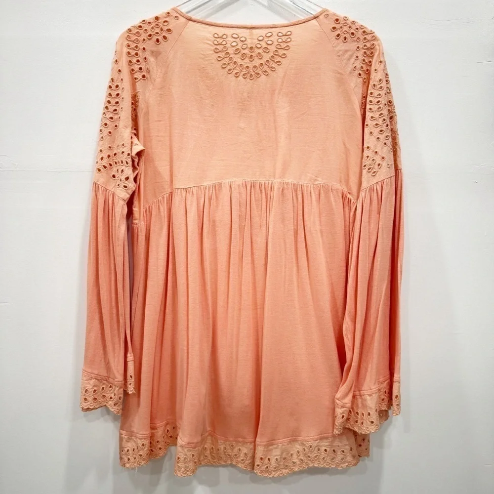 Free People Sea Of Love Top Eyelet Embroidered Fell Sleeve High Low Medium